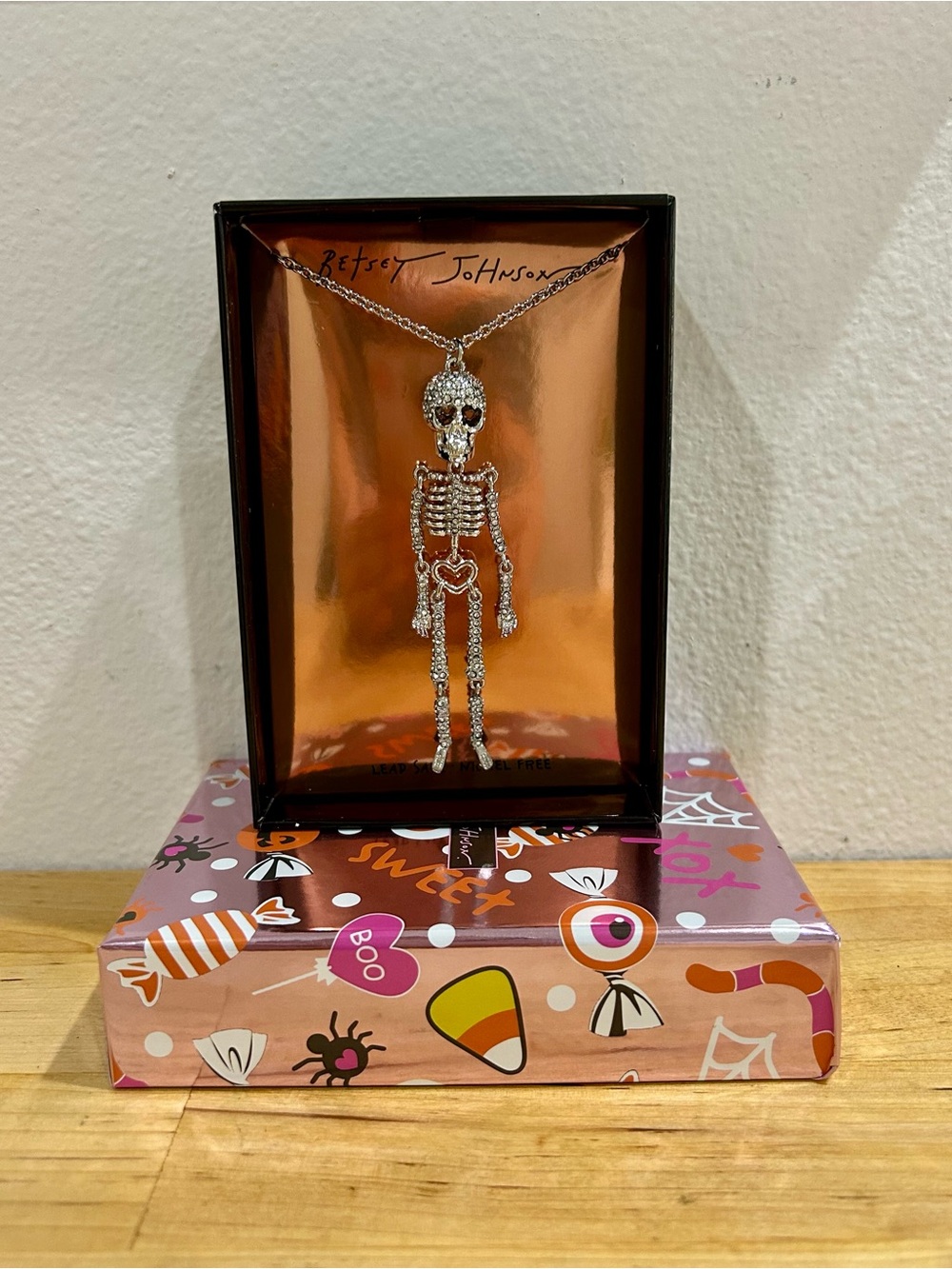Betsey Johnson Crystal Skull Articulated Skeleton Pendant Necklace Halloween